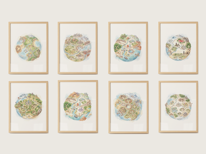 Pokemon Regions Wall Art Bundle, 9 Tiny Planet Prints, Watercolor Globe Posters, Kids Room Decor Set, Instant Download