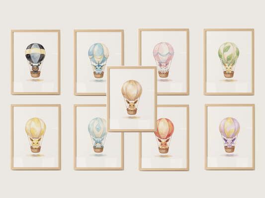 Eeveelutions Hot Air Balloon Wall Art Bundle, 9 Printable Posters, Nursery Decor, Digital Download