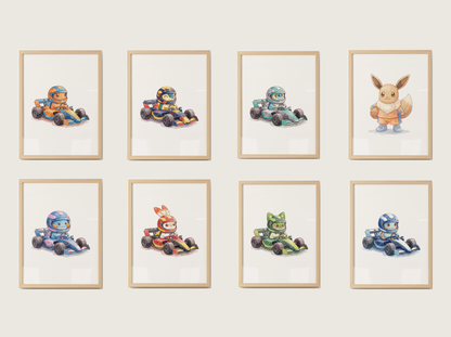 Pokemon Race Car Wall Art Bundle, 8 Printable Posters, Formula Racing Theme, Kids Room Decor, Digital Download
