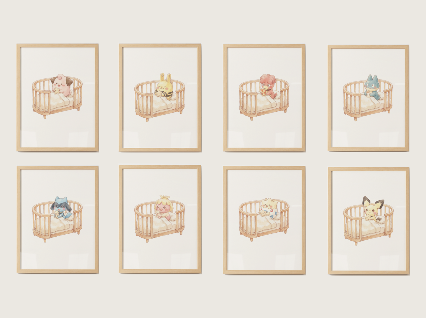 Baby Pokemon Nursery Wall Art Bundle, 9 Baby in Crib Prints, Cute Kids Room Decor Set, Pastel Nursery Posters, Instant Download