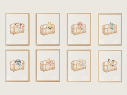 Baby Pokemon Nursery Wall Art Bundle, 9 Baby in Crib Prints, Cute Kids Room Decor Set, Pastel Nursery Posters, Instant Download