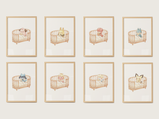 Baby Pokemon Nursery Wall Art Bundle, 9 Baby in Crib Prints, Cute Kids Room Decor Set, Pastel Nursery Posters, Instant Download
