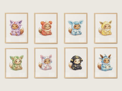 Eeveelutions Onesies Wall Art Bundle, 8 Printable Posters, Eevee in Evolution Pajamas, Nursery Decor, Instant Download