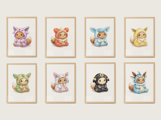 Eeveelutions Onesies Wall Art Bundle, 8 Printable Posters, Eevee in Evolution Pajamas, Nursery Decor, Instant Download