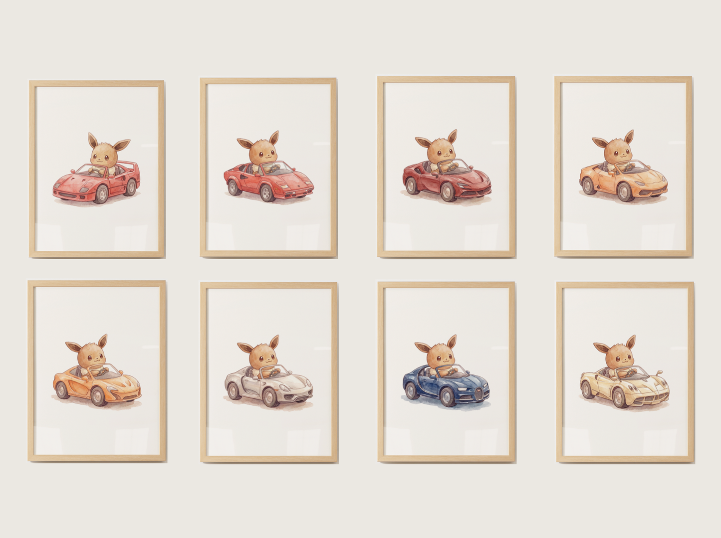 Eevee Supercars Wall Art Bundle, 8 Printable Posters, Sports Car Theme, Kids Room Decor, Instant Download