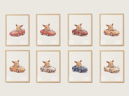Eevee Supercars Wall Art Bundle, 8 Printable Posters, Sports Car Theme, Kids Room Decor, Instant Download