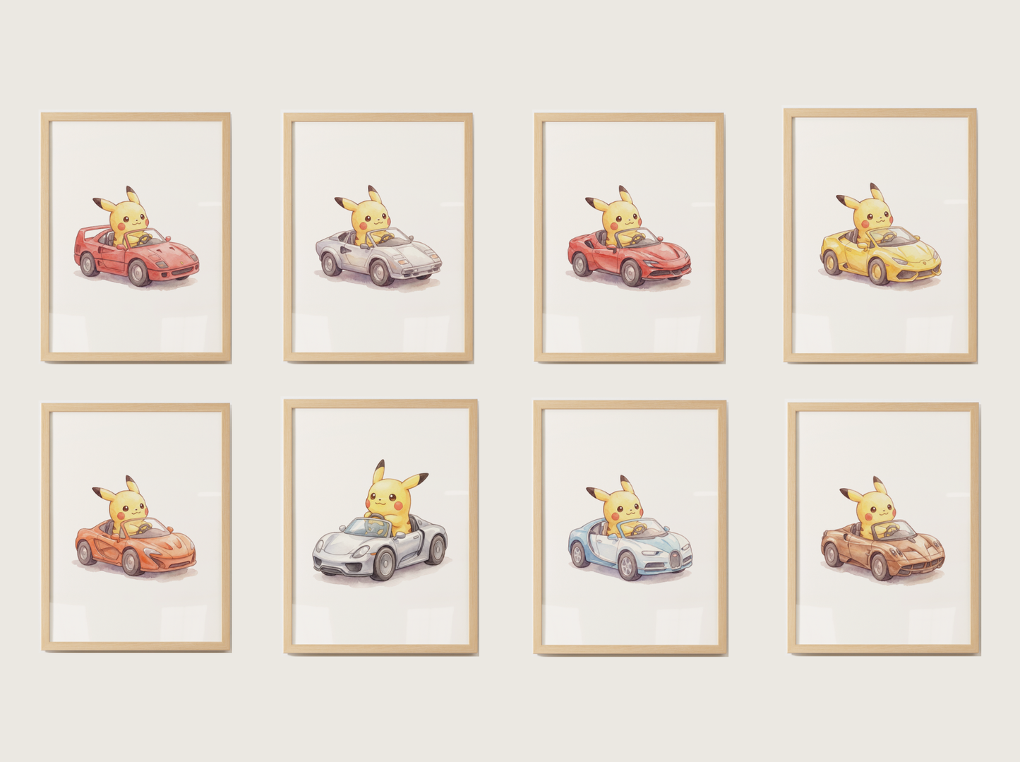 Pikachu Supercars Wall Art Bundle, 8 Printable Posters, Sports Car Theme, Kids Room Decor, Digital Download