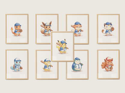 Pokemon Gen 1 Baseball Wall Art Bundle, 9 Printable Posters, Kanto Favorites, Kids Room Decor, Digital Download