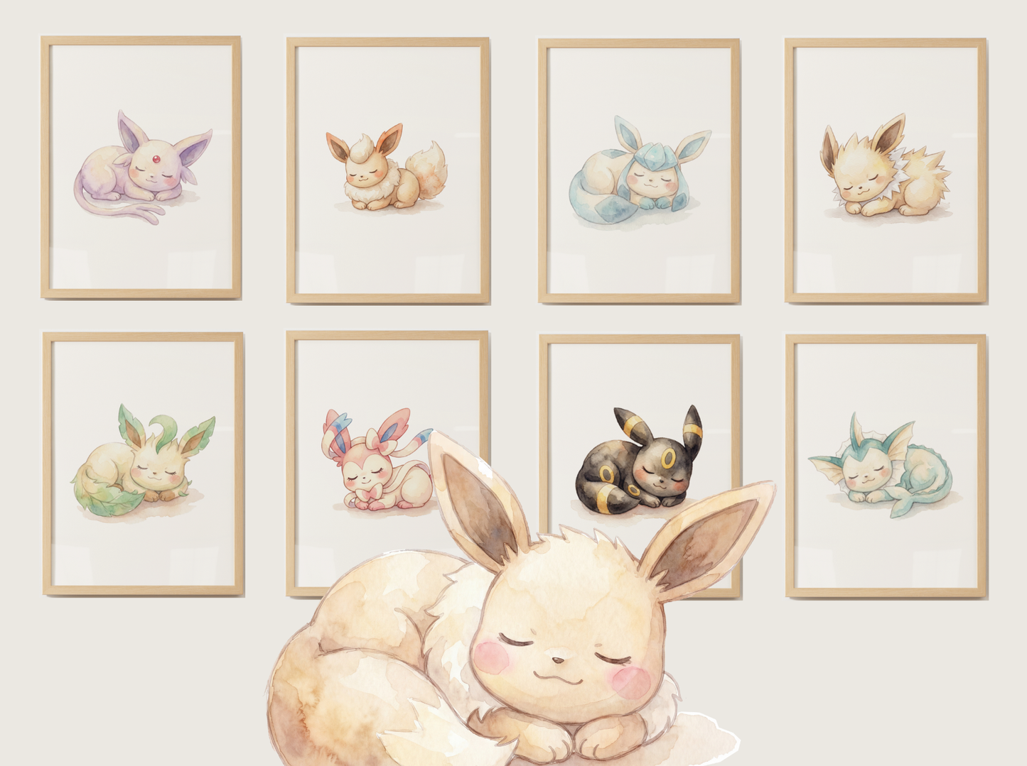 Sleeping Eeveelutions Nursery Wall Art Bundle, 9 Printable Posters, Eevee Evolution Set, Watercolor Kids Room Decor, Instant Download