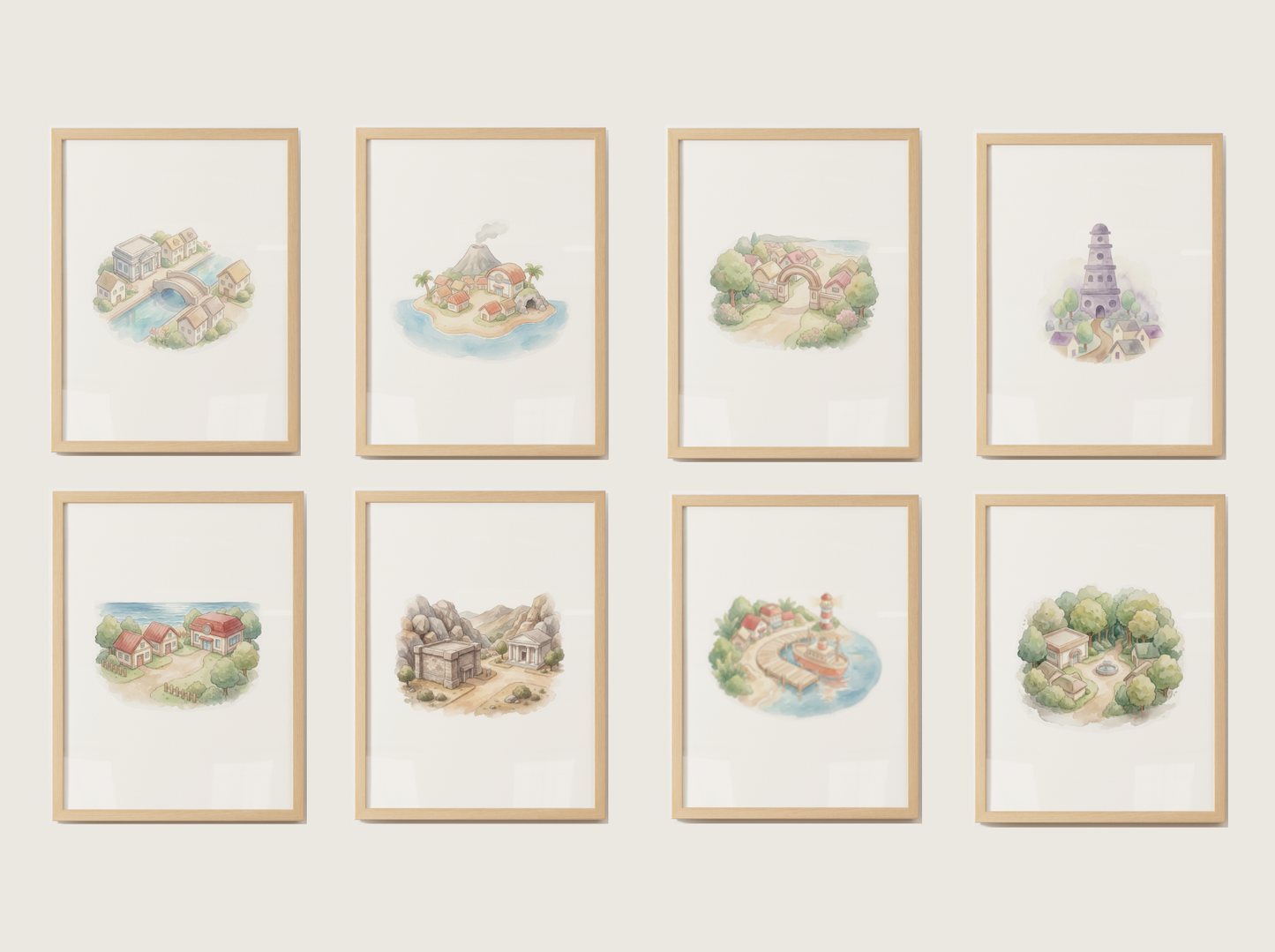Pokemon Kanto Towns, Nursery Wall Art Bundle, 9 Watercolor Prints, Instant Digital Download