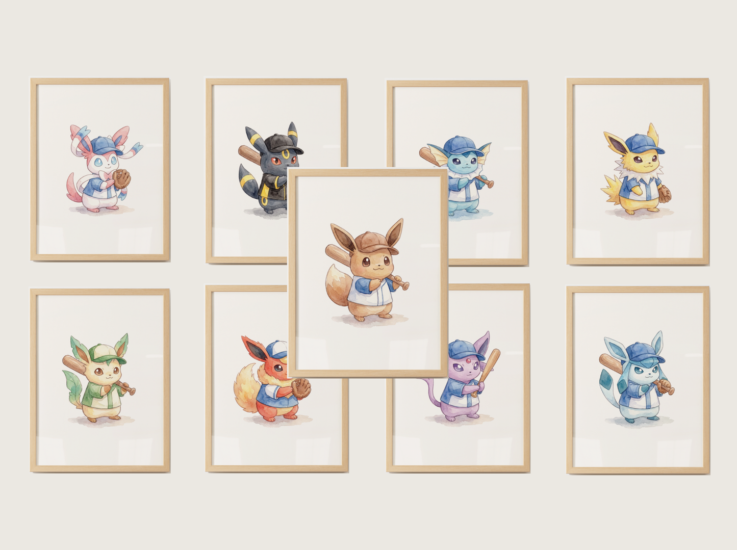Eeveelutions Baseball Nursery Wall Art, 9 Printable Posters, Eevee Evolutions, Kids Room Decor, Instant Download