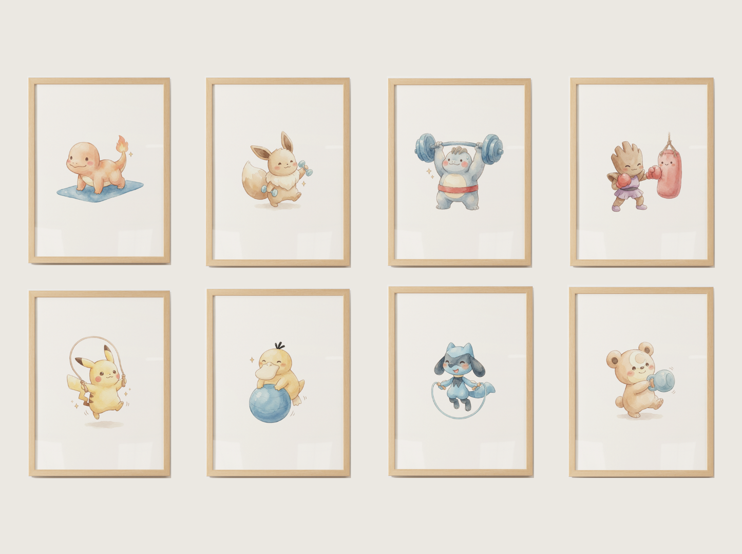 Pokemon Workout Wall Art Bundle, 9 Cute Gym Prints, Home Gym Decor Set, Fitness Room Posters, Instant Digital Download