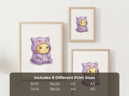 Pikachu Gengar Onesie Wall Art Printable, Pokémon Nursery Poster, Kids Room Decor, Digital Download