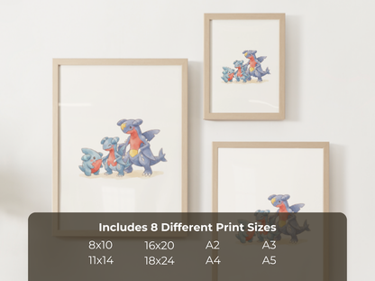 Gible Evolution Line Wall Art Printable, Gabite Garchomp Poster, Pokémon Nursery Decor, Digital Download