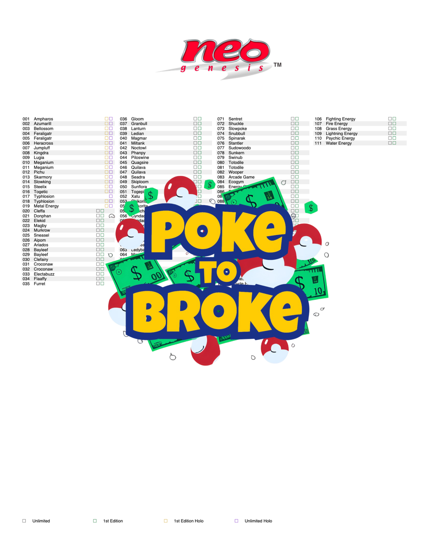 Neo: Genesis Printable Master and Complete Set Binder Placeholders + Checklist (Digital Download)