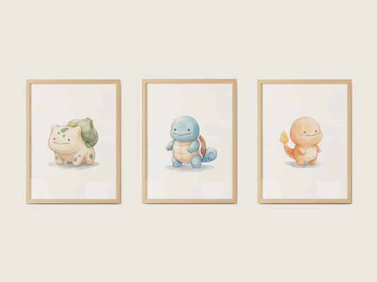 Ditto Style Starter Bundle Nursery Wall Art, Bulbasaur Charmander Squirtle Prints, Watercolor Pokémon Poster Set, Digital Download