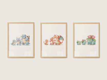 Gen 1 Evolution Line Wall Art Bundle, 3 Printable Posters, Kanto Pokémon Nursery Decor, Digital Download