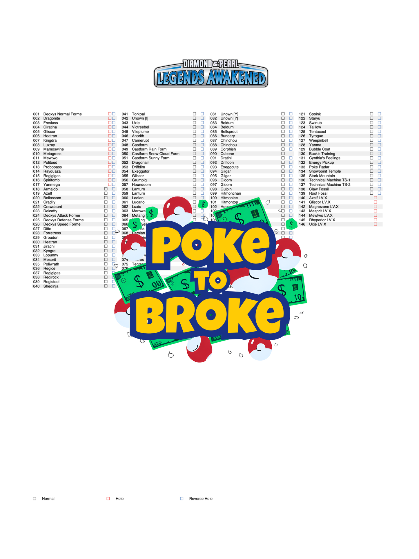 Diamond & Pearl: Legends Awakened Printable Master and Complete Set Binder Placeholders + Checklist (Digital Download)