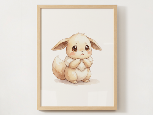 Pokemon Eevee Scared Nursery Wall Art Printable, Cute Kids Room Decor, Watercolor Pokemon Poster, Instant Download Digital Print