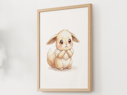 Pokemon Eevee Scared Nursery Wall Art Printable, Cute Kids Room Decor, Watercolor Pokemon Poster, Instant Download Digital Print