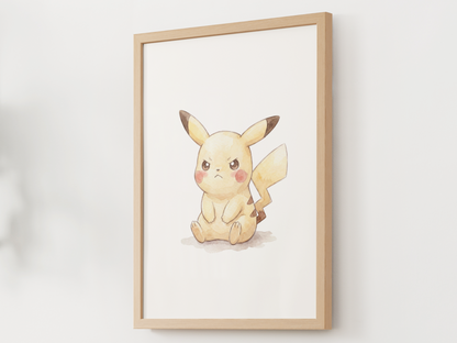 Pokemon PIkachu Angry Nursery Wall Art Printable, Cute Kids Room Decor, Watercolor Pokemon Poster, Instant Download Digital Print