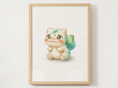 Pokemon Bulbasaur Scared Nursery Wall Art Printable, Cute Kids Room Decor, Watercolor Pokemon Poster, Instant Download Digital Print