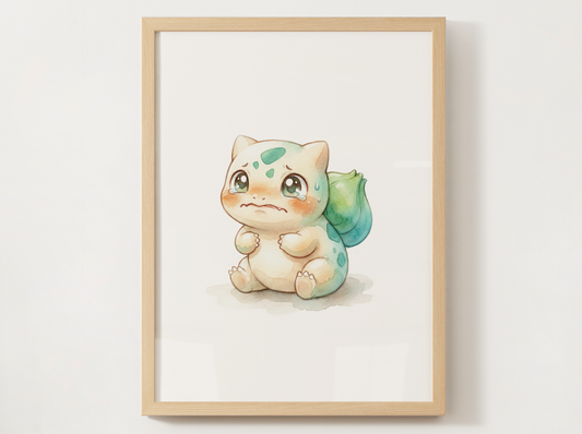 Pokemon Bulbasaur Scared Nursery Wall Art Printable, Cute Kids Room Decor, Watercolor Pokemon Poster, Instant Download Digital Print