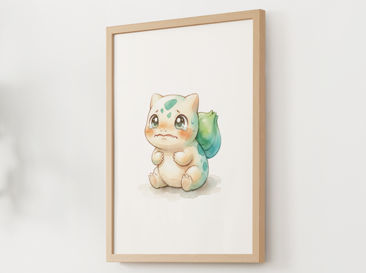 Pokemon Bulbasaur Scared Nursery Wall Art Printable, Cute Kids Room Decor, Watercolor Pokemon Poster, Instant Download Digital Print