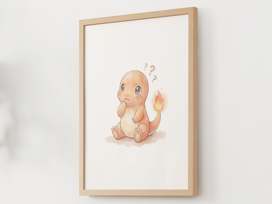Confused Charmander Watercolor Print, Kids Room Decor (Digital Download)