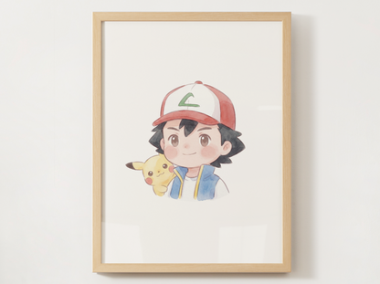 Ash and Pikachu Duo Nursery Wall Art Printable, Cute Kids Room Decor, Watercolor Trainer Pokemon Poster, Instant Download Digital Print