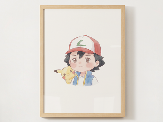 Ash and Pikachu Duo Nursery Wall Art Printable, Cute Kids Room Decor, Watercolor Trainer Pokemon Poster, Instant Download Digital Print