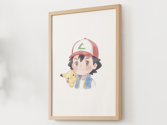 Ash and Pikachu Duo Nursery Wall Art Printable, Cute Kids Room Decor, Watercolor Trainer Pokemon Poster, Instant Download Digital Print