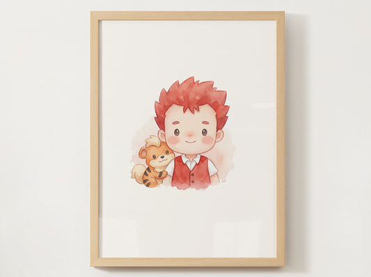 Blaine and Growlithe Duo Nursery Wall Art Printable, Cute Kids Room Decor, Watercolor Trainer Pokemon Poster, Instant Download Digital Print