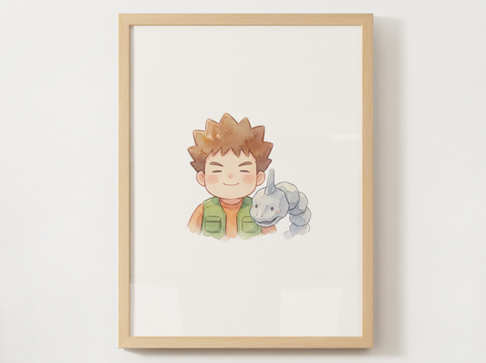 Brock and Onix Duo Nursery Wall Art Printable, Cute Kids Room Decor, Watercolor Trainer Pokemon Poster, Instant Download Digital Print