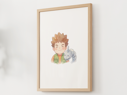 Brock and Onix Duo Nursery Wall Art Printable, Cute Kids Room Decor, Watercolor Trainer Pokemon Poster, Instant Download Digital Print
