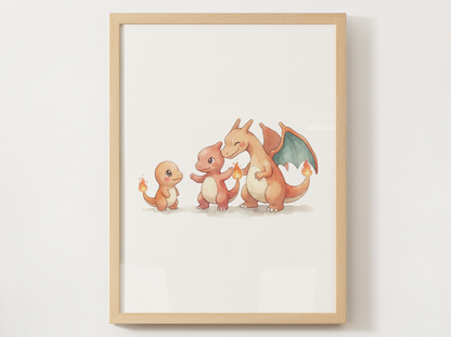 Charmander Evolution Nursery Wall Art Printable, Charmeleon Charizard Watercolor Pokemon Poster, Instant Download