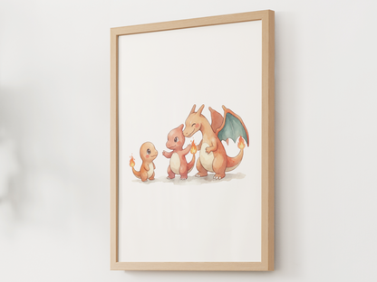 Charmander Evolution Nursery Wall Art Printable, Charmeleon Charizard Watercolor Pokemon Poster, Instant Download