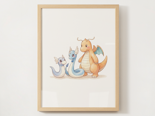 Dratini Evolution Nursery Wall Art Printable, Dragonair Dragonite Watercolor Pokemon Poster, Instant Download