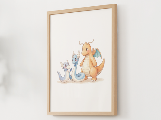 Dratini Evolution Nursery Wall Art Printable, Dragonair Dragonite Watercolor Pokemon Poster, Instant Download