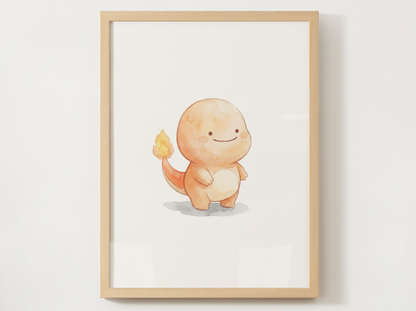 Ditto Style Charmander Nursery Wall Art Printable, Cute Kids Room Decor, Watercolor Pokemon Poster, Instant Download