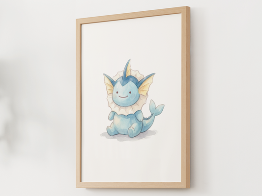 Ditto Style Vaporeon Nursery Wall Art Printable, Cute Kids Room Decor, Watercolor Pokemon Poster, Instant Download