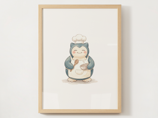 Snorlax Chef Nursery Wall Art Printable, Cute Kids Room Decor, Neutral Pokémon Poster, Instant Download Digital Print