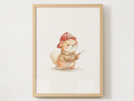 Growlithe Firefighter Nursery Wall Art Printable, Cute Kids Room Decor, Neutral Pokémon Poster, Instant Download Digital Print