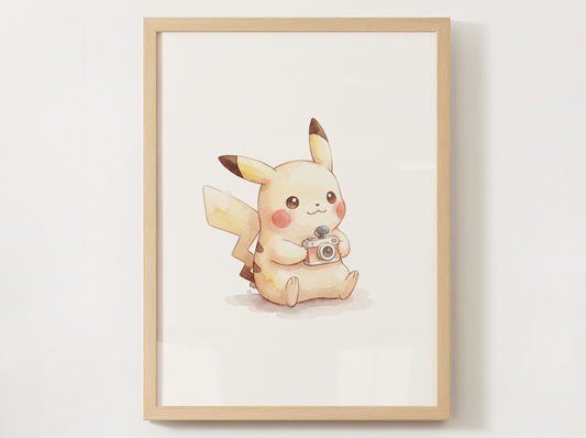 Pikachu Photographer Nursery Wall Art Printable, Cute Kids Room Decor, Neutral Pokémon Poster, Instant Download Digital Print