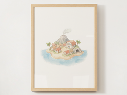 Pokémon Cinnabar Island Nursery Wall Art Printable, Watercolor Kanto Town Decor, Pastel Kids Room Poster, Instant Download