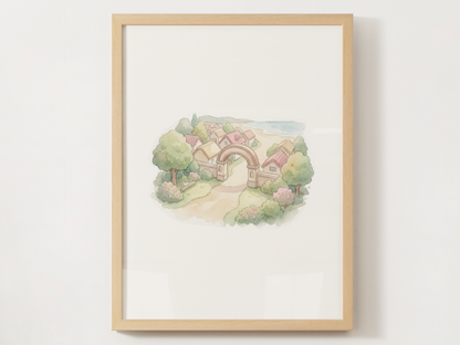 Pokémon Fuchsia City Nursery Wall Art Printable, Watercolor Kanto Town Decor, Pastel Kids Room Poster, Instant Download