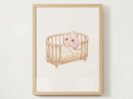 Igglybuff Nursery Wall Art Printable, Baby Pokemon in Crib Poster, Cute Kids Room Decor, Pink Nursery Print, Instant Download