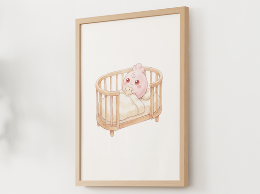 Igglybuff Nursery Wall Art Printable, Baby Pokemon in Crib Poster, Cute Kids Room Decor, Pink Nursery Print, Instant Download