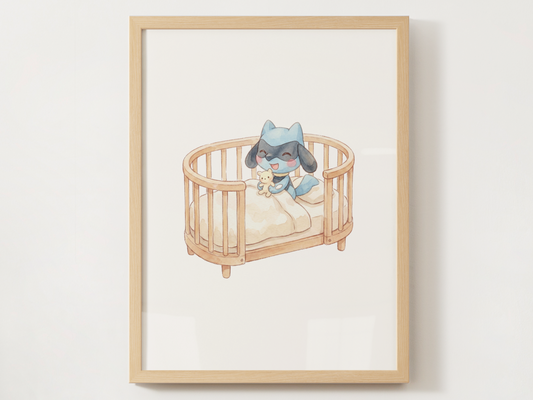 Riolu Nursery Wall Art Printable, Baby Pokemon in Crib Poster, Cute Kids Room Decor, Blue Nursery Print, Instant Download