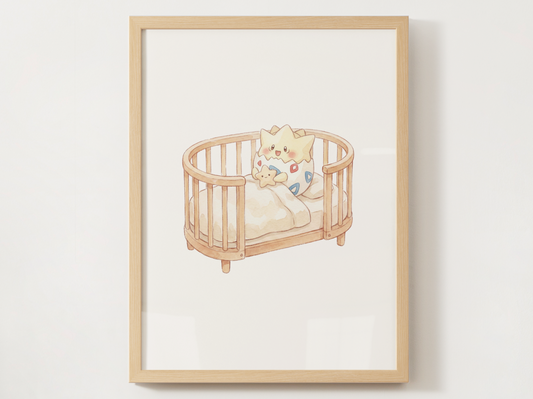 Togepi Nursery Wall Art Printable, Baby Pokemon in Crib Poster, Cute Kids Room Decor, Pastel Nursery Print, Instant Download
